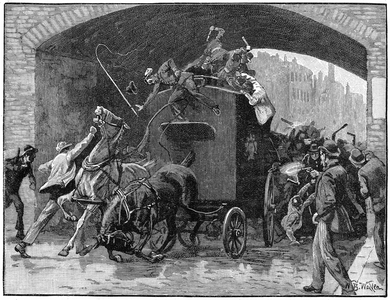 Fenian Conspiracy leaders Kelly and Deasy rescued from police van passing under railway bridge in Hyde Street on way from court in Manchester to prison, 18 September 1867.