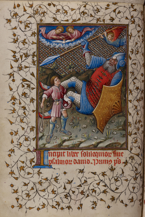 Introduction to the psalms. David with his sling, stands before the fallen Goliath, in armour with shield and spear