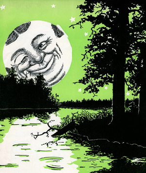 Winking 'Man in the Moon' Rising Over a River Landscape, 1932 (colour litho)