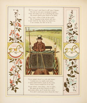 Man driving a cart. Colour illustration and text from 'At Home'.