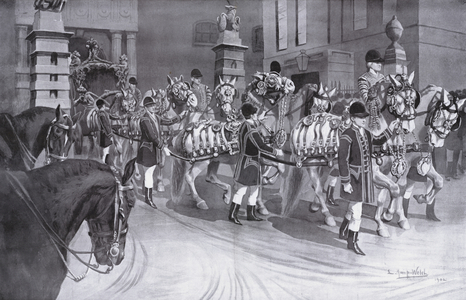 The king's horses leaving Buckingham Palace on the morning of the coronation of Edward VII, 1902 (litho)