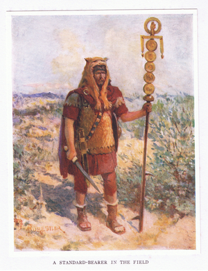 A standard bearer in the field, illustration from'The Roman Soldier', 1928 (colour litho)