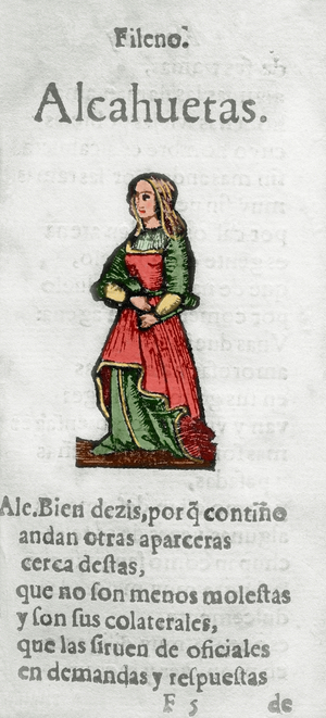 Women dialog by Cristobal de Castillejo (ca.1490-1550): engraving depicting a gossiper (coloured engraving)