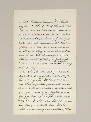 Autograph manuscript of Lincoln's election victory speech as President, delivered in Washington D.C., from the window of the White House on the evening of 10th November, 1864 (pen & ink on paper) (see also 489209-11 and 488337)