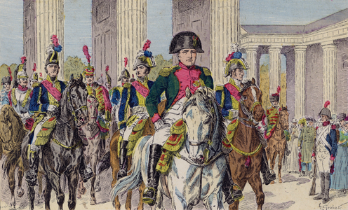 Napoleon entering Berlin at the head of his army, 1806 (colour litho)