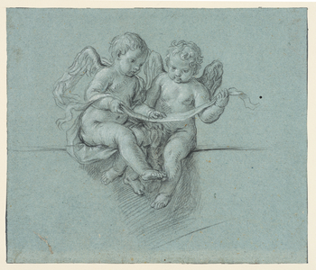 Two cherubs holding scroll, 17th century (black & white chalk on blue laid paper)