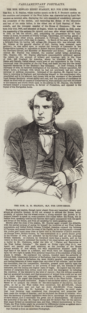 The Honourable E H Stanley, MP for Lynn-Regis (engraving)