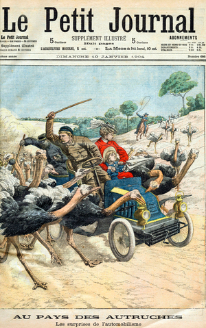 In the country of ostriches, in California, the surprises of the automobile, front page of newspaper "Petit journal" january 10, 1904