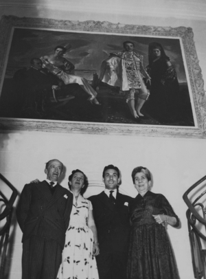 Singer Luis Mariano Organized A Party in his House in Le Vesinet, France To Celebrate 10 Year Career, here With his Sister Maria Louise, Hie Father and his Mother (Mr and Mrs Gonzalez) June 29, 1954 (b/w photo)