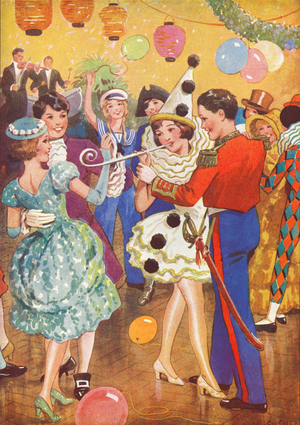 Girls dancing with boys at a fancy dress party (colour litho)