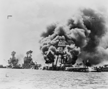 Damaged USS West Virginia and Tennessee with USS Arizona sunk at Pearl Harbor, 1941 (b/w photo)