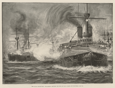 The Naval Manoeuvres, Engagement between the Red and Blue Fleets off Holyhead, 31 July (litho)
