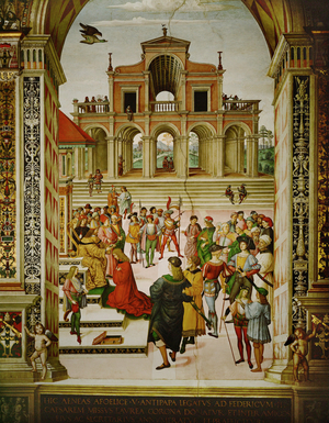 Emperor Friedrich III crowning Aeneas Silvius Piccolomini Poeta Laureatus (fresco)