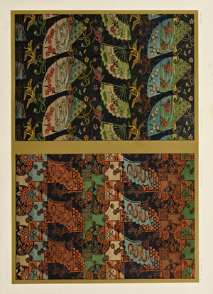 Antique Japanese Fabric Ornament Featuring Folding Fans, Cranes, and Floral Brocade Patterns (litho)