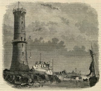 Construction of the lighthouse of the island of Brehat in Brittany Engraving from the magazine Magasin picturesque in 1845