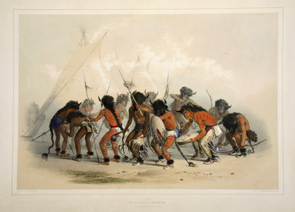 Buffalo Dance, from Catlin's North American Indian Portfolio. Hunting Scenes and Amusements of the Rocky Mountains and Prairies of America, pub. 1845 (colour litho)