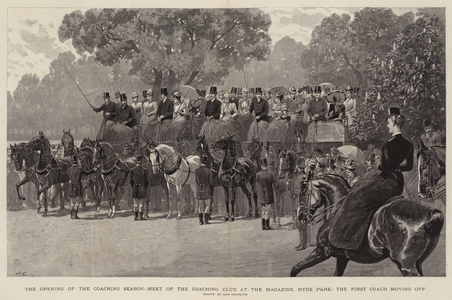 The Opening of the Coaching Season, Meet of the Coaching Club at the Magazine, Hyde Park, the First Coach moving off (engraving)