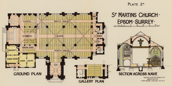 Architectural drawings of the choir and transept at St Martin of Tours Church, Epsom, Surrey (colour litho)