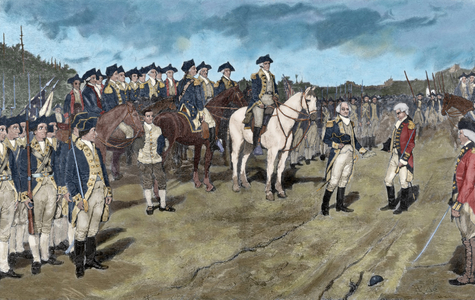 American Revolutionary War (1775-1783). Siege of Yorktown. Surrender of British Major General Lord Charles Cornwallis,(October 19, 1781) (coloured engraving)