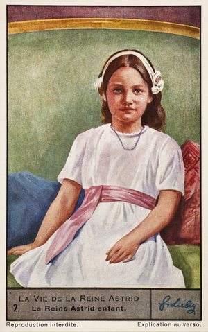 Liebig Chromos. Trade card. Series 1346A, The life of Queen Astrid of Belgium. 1936.