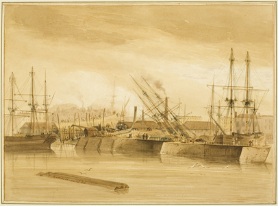 Eastern Wapping Dock, showing the barque 'Avon' on stocks, 1826 (pencil & w/c on paper)