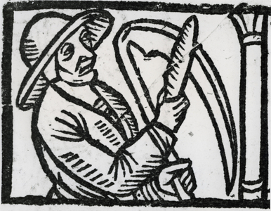 Mower sharpening his scythe. Woodcut from ''Calendarum Romanum Magnum'', 1518.