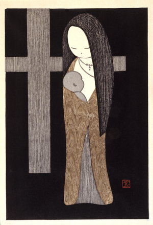 Virgin & Cross (colour woodblock print)