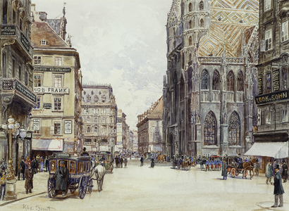 Stefanplatz, Vienna, (pencil and watercolour)