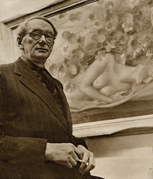 John Armstrong at his final exhibition at the Lefevre Gallery, 1951 (b/w photo)