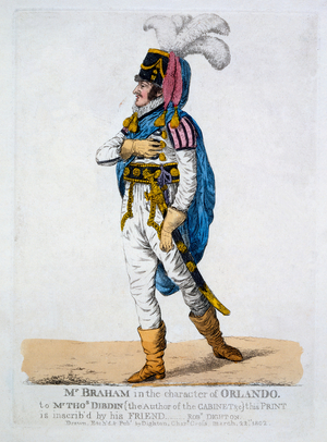 Mr Braham in the character of Orlando from 'As You Like It', 1802 (coloured engraving) 