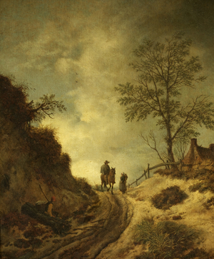 A Horseman and Other Figures on a Hilly Lane (oil on panel)