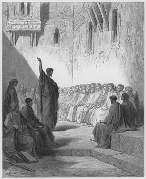 Gustave Dore Bible: S Paul preaching to the Thessalonians (engraving)