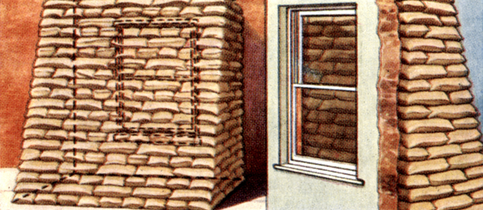 Air Raid Precautions: Set of 50 cards issued by WD & H0 Wills, Britain 1938, in preparation for the anticipated coming of World War II. Protecting Your Windows: Sandbags - Exterior and interior views. 