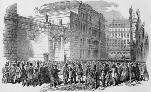 View of the Bank of France in Paris, illustration from paper "London News" march 25, 1848