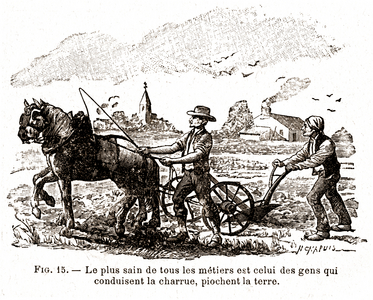 The peasants. The healthiest of all the trades is that of the people of the earth who take and drive horses and the plow, 1900 (engraving)