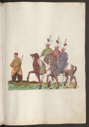 Personnel of the Persian embassy: three high-ranking Persians on horseback with a companion