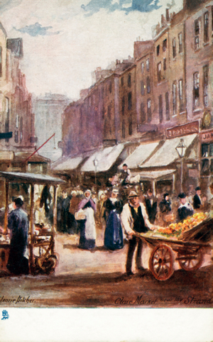 Old London: Clare Market, near the Strand (colour litho)