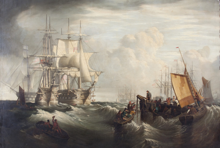 Getting up anchor at Spithead, 1859 (Oil on canvas)