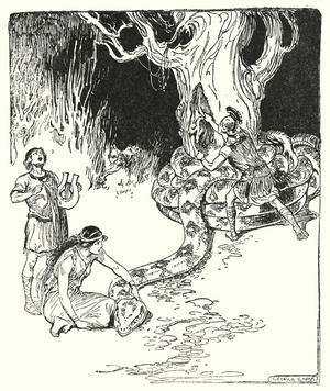 Jason and the Argonauts: "Then Jason leapt forth warily, and tore the fleece from off the tree trunk" (litho)