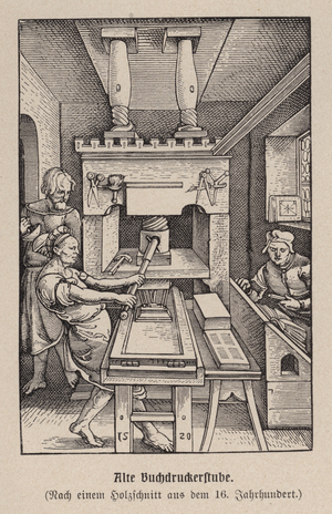 Book printing workshop, 16th Century (engraving)
