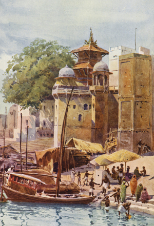 The Bathing Ghats, Benares (colour litho)