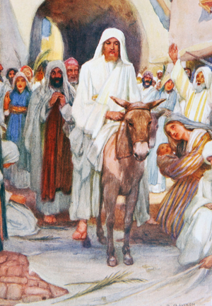 The entry of Jesus into Jerusalem, on a donkey.