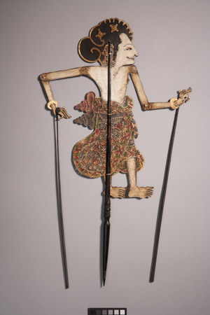 Shadow puppet of Yudistra made of carved and painted leather, Bali