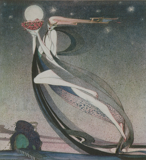 "This Good Fairy placed her own baby in a cradle of roses and gave command to the zephyrs to carry him to the tower", illustration from, In Powder and Crinoline: Old Fairy Tales, retold by Arthur Quiller-Couch (1863-1944), pub.1913 (colour litho)