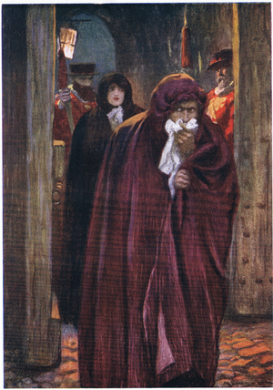The guards opened the great doors for them and they passed out, c.1920 (colour litho)