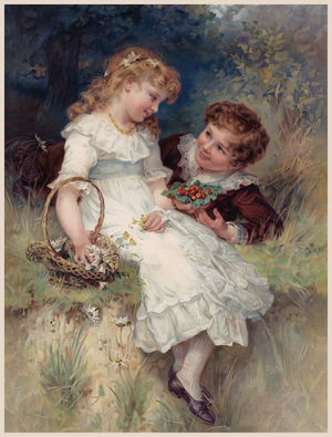 Boy offering wild strawberries to his girl friend (chromolitho)
