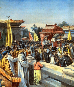 Alice Roosevelt is carried  through the streets of Seoul in an Imperial sedan chair to the palace for an audience with the Emperor of Korea on September 20, 1905, cover illustration from 'Le Petit Parisien' magazine, 8 October, 1905 (colour litho)