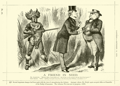 Punch cartoon regarding John Bright: A Friend In Need, 11 October 1873 (engraving)