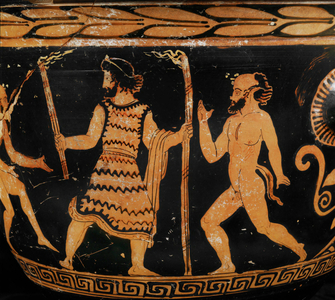 Prometheus and satyr, a scene from a satyrical play about the myth of Promotheus