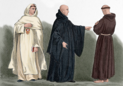Middle Ages. Religious of the Order of Mercy, Benedictines and Franciscans (colour engraving)